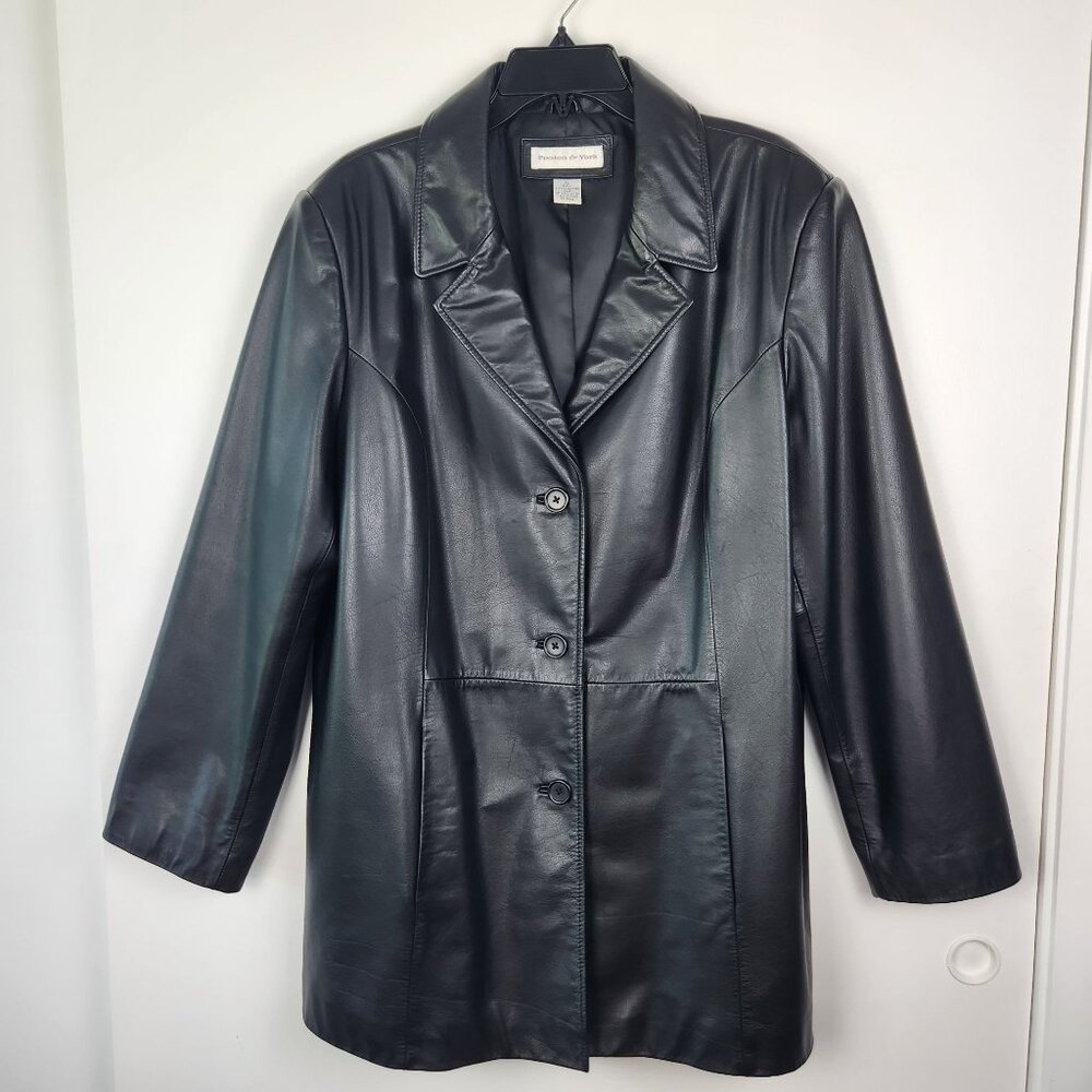 Preston & York Black Leather Women's Blazer Style Three Button Jacket, XL